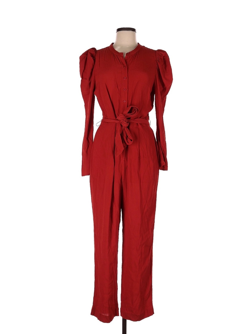 J. Crew Crimson Button-Front Long-Sleeve Waist-Tie Jumpsuit